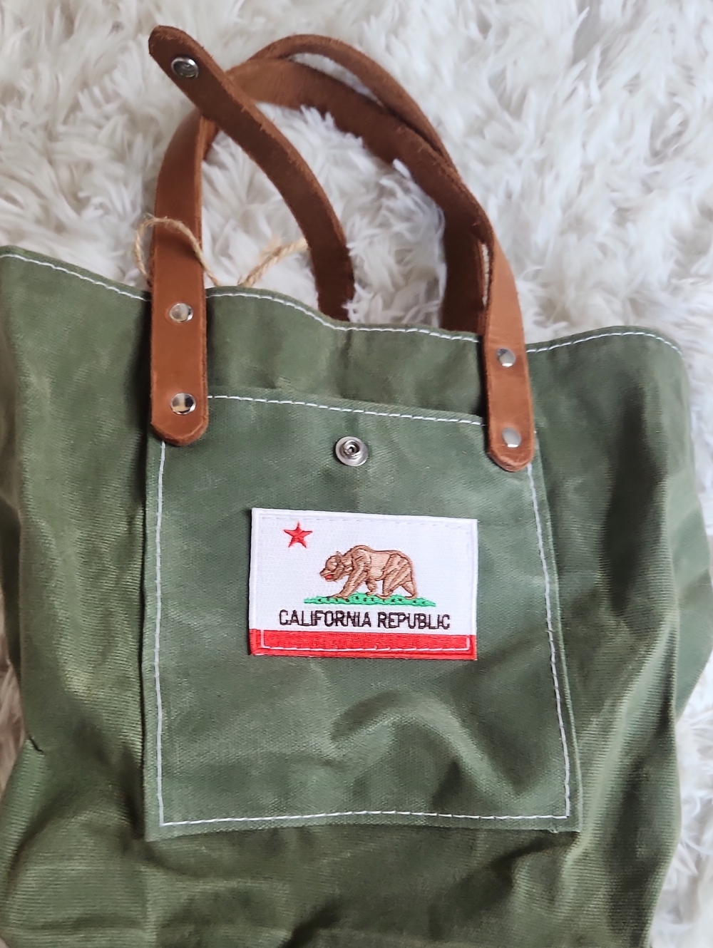 Canvas Tote Bag with Leather Handles - Olive Green